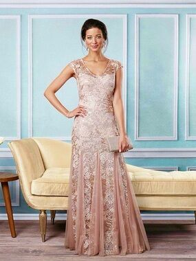 Alex Evenings Emily Embroidered Fit and Flare Rose Gold Flare Dress Size 10